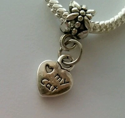Love My Cat Kitty Heart Dangle Charm Bead Fits Most European style Bracelet - Image 1 of 3