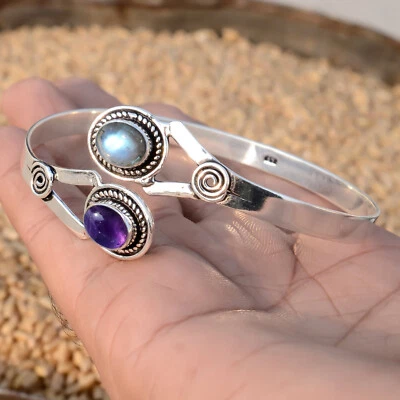 Labradorite & Amethyst Gemstone 925 Sterling Silver Dainty Style Bangle Cuff - Image 1 of 4
