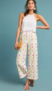 Anthropologie Cropped Clip Dot Wide Trouser Pants White Pink Yellow NWT Size 14 - Picture 1 of 5