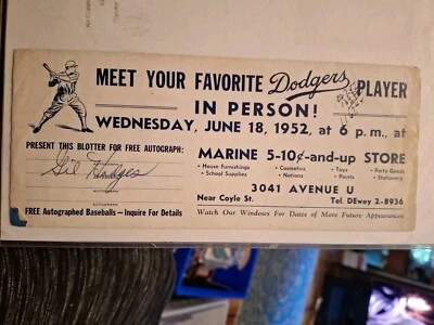 1952 GIL HODGES Signed In Person Meet Your Favorite Dodger Marine 5&10 Store JSA - Image 1 of 3