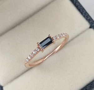 Baguette Natural Black Onyx Minimalist 925 Silver Ring with CZ Diamond Accents - Picture 1 of 2