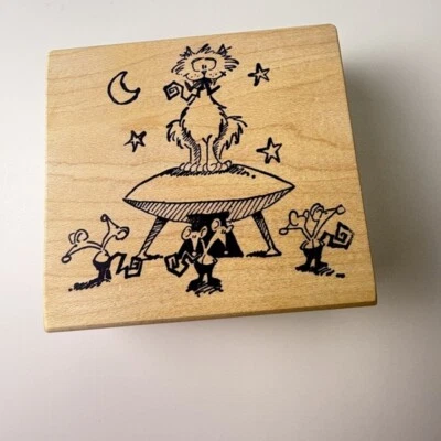 Gato, Ratón, OVNI~Aterrizaje Extraterrestre~Viaje Espacial~Sello de Goma~ 3.5"X 3.25"~Magenta Foto 1 de 4
