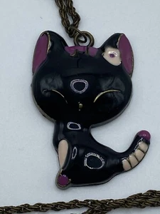 Black Cat Kitten Enamel Pendant W Chain Costume Halloween Cat Lady Witchy - Picture 1 of 2