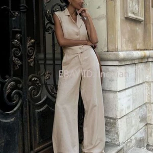 Womens Cotton Linen Vest Set Casual Single-breasted Vest + Trousers Set - Picture 1 of 21