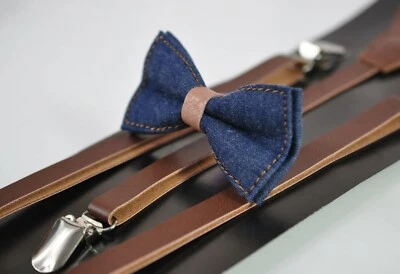 Pajarita de cuero sintético caramelo de mezclilla azul marino para niños + tirantes de cuero marrón Foto 1 de 4