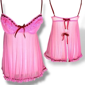 Cassandra Intimates Pink Sheer Babydoll Lingerie S Lace Mesh Bow Vintage Y2K - Picture 1 of 9