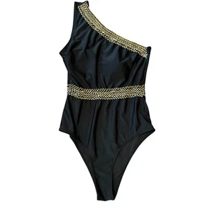 Women’s Swimsuit Size Large Black Off Shoulder Gold Metallic Trim Stretch  - Picture 1 of 8