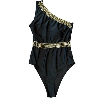 Women’s Swimsuit Size Large Black Off Shoulder Gold Metallic Trim Stretch  - Image 1 of 4