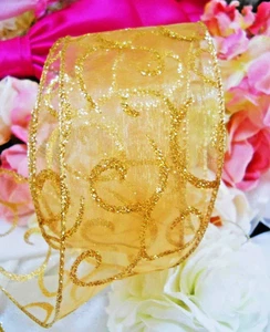 Ribbon Gold Sparkle 2 1/2" Wide 5 Yards Wired Wreath Bows Gifts Christmas Crafts - Picture 1 of 2
