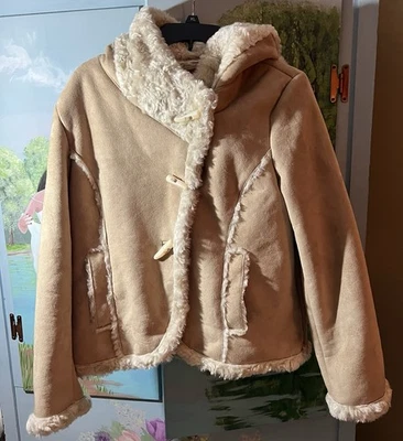 Vintage 90s Y2K Xhilaration Penny Lane Hooded Coat Womens XXL Tan Suede Faux Fur - Image 1 of 4
