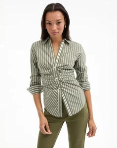 AUTH VERONICA BEARD Devra Striped Button-Down Shirt Stone Army/White - Picture 1 of 4