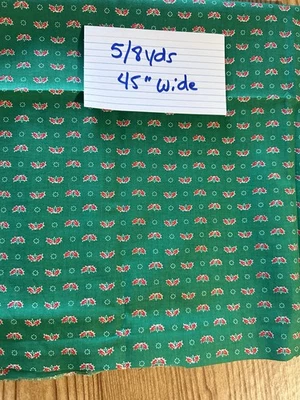 Vintage 60’s Christmas Green With Holly Berries Small Print Cotton Fabric 5/8 Yd - Image 1 of 3