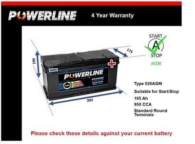AGM Battery fits VW TOUAREG 7L, 7P, CR7 2002 on Stop Start 020 AGM 950A 105Ah - Image 1 of 4
