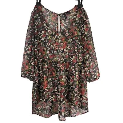 Full Tilt Floral Sheer Hii-Low Blouse Cutout Back Size M - Image 1 of 4