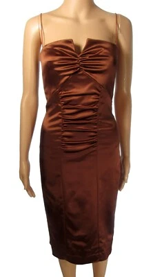 Vintage Nicole Miller Cocktail Dress Satin Brown Size 2 Spaghetti Straps Ruched - Image 1 of 4