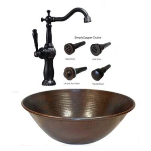 14" Round Copper Vessel Bath Vanity Sink with 13" ORB Clayborne Faucet & Drain - Picture 1 of 5