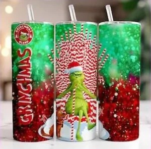 CHRISTMAS GRINCH CANDY CANES 20oz Skinny Insulated Tumbler Lid Straw FUNNY - Picture 1 of 3