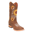 Women?s Wild Sunflower Embroidered Square Toe Leather Cowgirl Boot