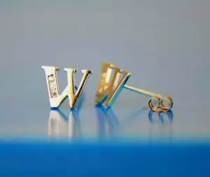 Solid 14k Yellow Gold Initial Letters Stud Earrings w/ Sparkling White CZ Stones - Picture 1 of 27