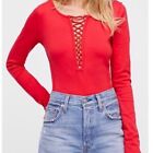 FREE PEOPLE Red Jacqui Lace Up V-Neck Long Sleeve Stretch Cotton Top Shirt Sz XS