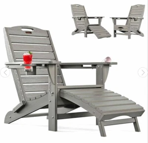 Folding Adirondack Chair with Retractable Ottoman Fire Pit Patio Chair with Pull - Picture 1 of 3
