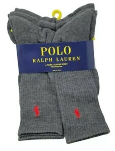 Polo Ralph Lauren Men's Gray Classic Sport Crew Socks Red Pony 6-Pack (10-13)
