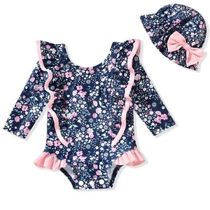 Newborn Baby Girl Floral One Piece Rash Guard Swimsuit Nb Long Sleeve Flower ... - Picture 1 of 7