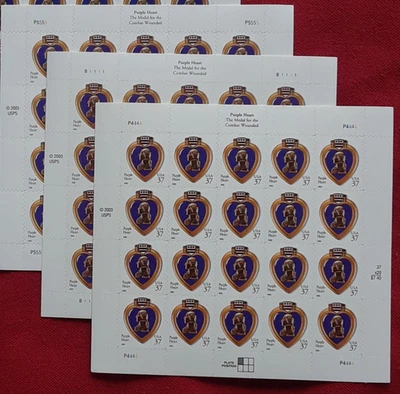 Three Panes / Sheets x 20 = 60 of Purple Hearts 37¢ US Postage Stamps USA #3784 - Image 1 of 3