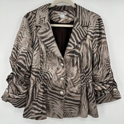 Alberto Makali Blazer Womens XL Brown Black Zebra Animal Print Ruched Button - Image 1 of 4
