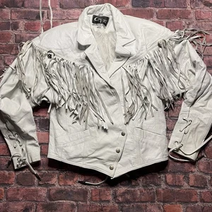 G-III Lederjacke Damen Small Wildleder Fransen Weiß Western Cropped Vintage - Bild 1 von 12