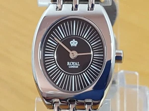 Ladies Silver Steel Bracelet Royal London Black Retro Style Dress Watch 21098.02 - Picture 1 of 9