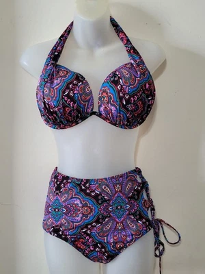 Venus Bikini Swimsuit Halter Paisley Top Fits 34DD 36D Bottom 12 Side Tie Brief - Image 1 of 4