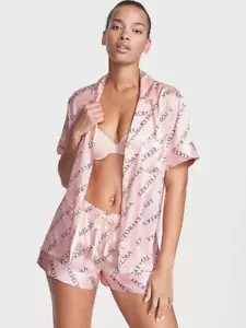 Victoria's Secret Satin Short Pajama Set Purest Pink VS Logo XL NEW - Picture 1 of 5