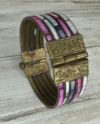 Bangle Brass Metal & Abalone Mother Of Pearl Panel Design Hinged Pin 90s - Image 1 of 4
