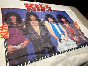 Vintage 1985 KISS Cloth/Silk BANNER Wall Hanging Poster 45 x 45” Dorm MAN CAVE - Picture 1 of 11
