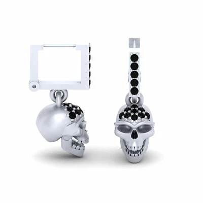 Onice Nera Teschio Orecchini a Cerchio 925 Argento Sterling Gotico Gioielli - Immagine 1 di 4