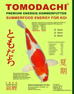 TOMODACHI SOMMERFUTTER FÜR KOI Koifutter Sommerfutter Spirulina Wachstumsfutter Koi Energie Farbfutter 4mm 2kg