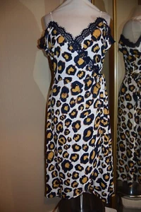 Never Fully Dressed Dress Leopard Navy White Mustard Wrap 12 Satin Lace Strappy - Picture 1 of 14