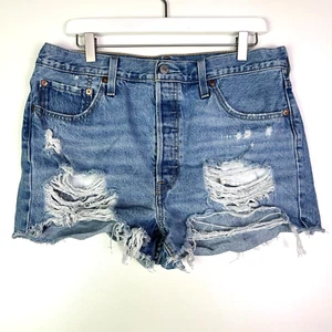 Levis 501 Pantalones Cortos Desgastados Corte Azul Lavado Claro Talla 33 Mujer - Imagen 1 de 6