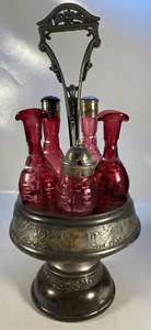 Antique Victorian Cranberry Red 5 Piece Castor Cruet "Quadruple" Silver Plat Set - Picture 1 of 21