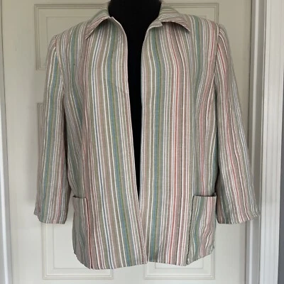 Anne Klein Blazer Women's 14  Beige Blue PInk Green Stripe Lined Pockets - Image 1 of 4