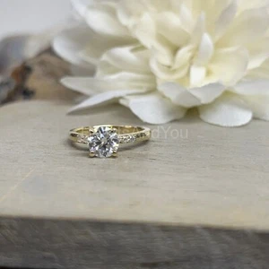1ct Round Cut Moissanite Solitaire with Accent Women Ring 14k Yellow Gold Plated - Picture 1 of 7