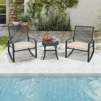 Domi 3-Piece Wicker Rocking Chair Set w/ Cushions & Table for Backyard,Beige - Image 1 of 4