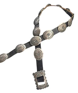 Cintura concho in pelle Navajo argento sterling 925 fatta a mano firmata frecce incrociate - Foto 1 di 22