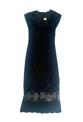 Vestido midi negro para mujer Via 101, abertura lateral izquierda, encaje inferior, talla S, años 90, Y2K Foto 1 de 4