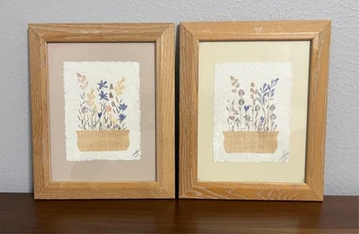 Colagem de arte em papel flores botânicas emoldurada assinada datada de 2000 feita à mão conjunto de 2 - Imagem 1 de 4