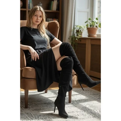 Botas Good American Sobre la Rodilla Gamuza Negra Tacón de Aguja Talla 6.5 Foto 1 de 4