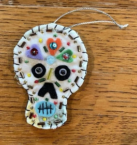 Day of the Dead Multicolor Skull Upcycled Quilt Ornaments Dia de los Muertos - Picture 1 of 2