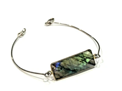 STERLING SILVER 925 RECTANGLULAR FACETED STONE LABRADORITE 7" BANGLE BRACELET EU - Image 1 of 4