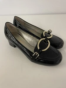 Lyla Black Patent Leather Slip On Loafer Block Heel Buckle Size 3 36 - Picture 1 of 10